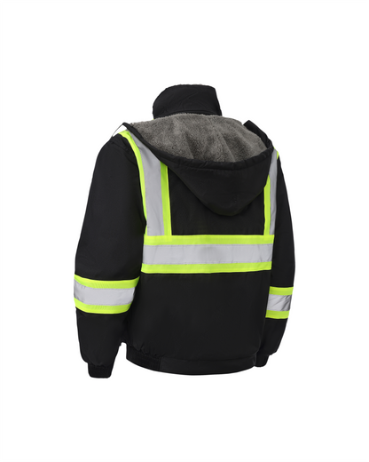 Kiwi High Visibility Hooded & Sherpa Lined ANSI/ISEA 107-2020 Reflector Contrast Trimmed Water Resistant Black Safety Jacket [R71200]