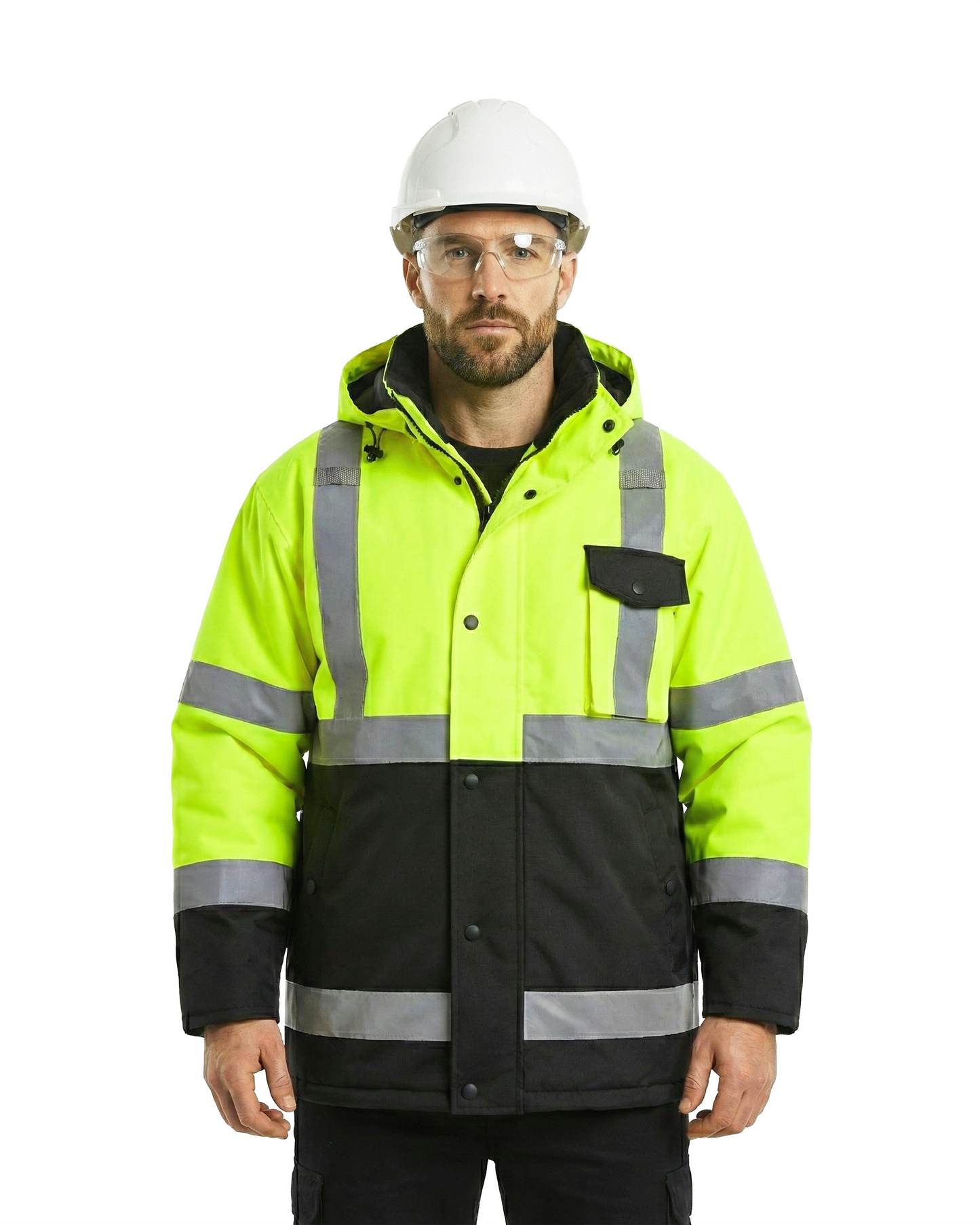 Kiwi High Visibility Hooded & Quilt Lined ANSI/ISEA 107-2020, Type R, Class 3 Two Tone Water Resistant Neon Safety Jacket [R71300]