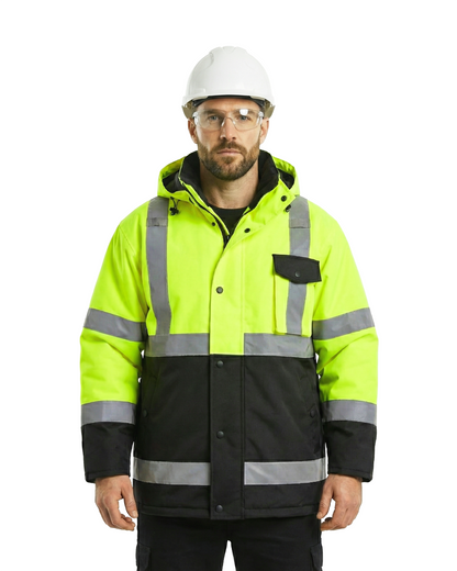 Kiwi High Visibility Hooded & Quilt Lined ANSI/ISEA 107-2020, Type R, Class 3 Two Tone Water Resistant Neon Safety Jacket [R71300]
