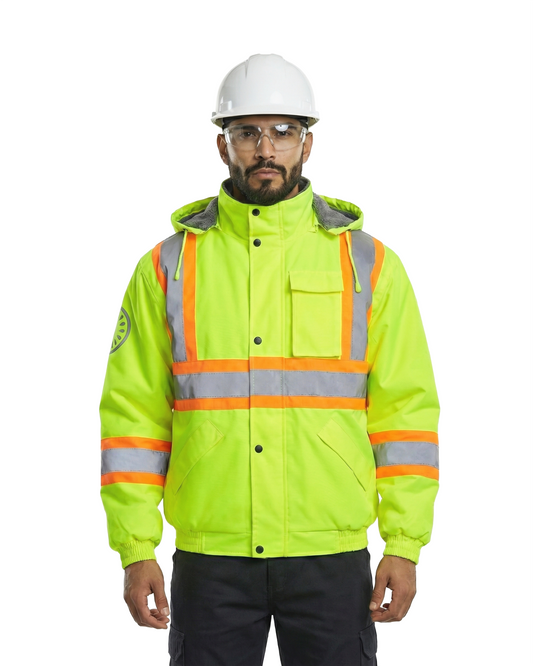 Kiwi High Visibility Hooded & Sherpa Lined ANSI/ISEA 107-2020, Type R, Class 3 Contrast Trimmed Water Resistant Neon Safety Jacket [R71100]