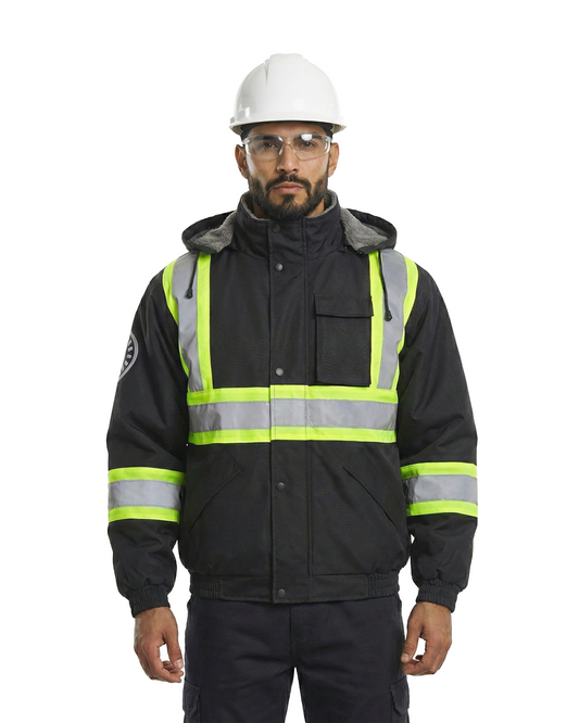 Kiwi High Visibility Hooded & Sherpa Lined ANSI/ISEA 107-2020 Reflector Contrast Trimmed Water Resistant Black Safety Jacket [R71200]