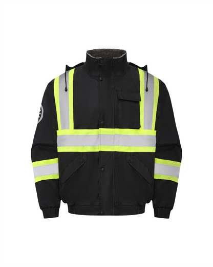 Kiwi High Visibility Hooded & Sherpa Lined ANSI/ISEA 107-2020 Reflector Contrast Trimmed Water Resistant Black Safety Jacket [R71200]
