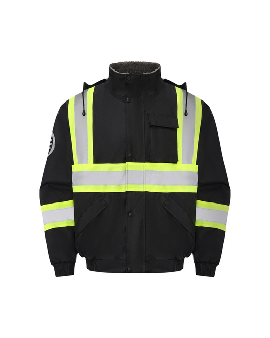 Kiwi High Visibility Hooded & Sherpa Lined ANSI/ISEA 107-2020 Reflector Contrast Trimmed Water Resistant Black Safety Jacket [R71200]