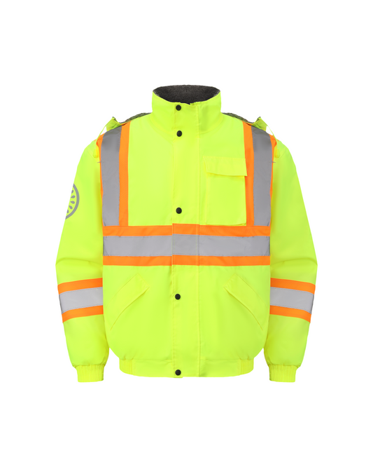 Kiwi High Visibility Hooded & Sherpa Lined ANSI/ISEA 107-2020, Type R, Class 3 Contrast Trimmed Water Resistant Neon Safety Jacket [R71100]