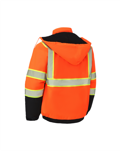 Kingstone High Visibility Hooded and Fleece Lined ANSI/ISEA 107-2020, Type R, Class 3 Two-Tone, Contrast Trimmed Orange Safety Jacket [R]