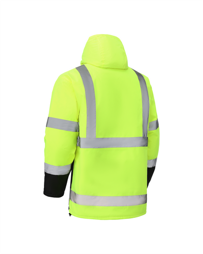 Kiwi High Visibility Hooded & Quilt Lined ANSI/ISEA 107-2020, Type R, Class 3 Two Tone Water Resistant Neon Safety Jacket [R71300]