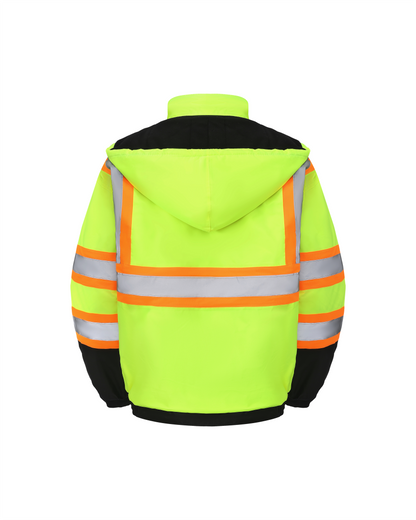 Kingstone High Visibility Hooded and Fleece Lined ANSI/ISEA 107-2020, Type R, Class 3 Two-Tone, Contrast Trimmed Neon Safety Jacket [R]