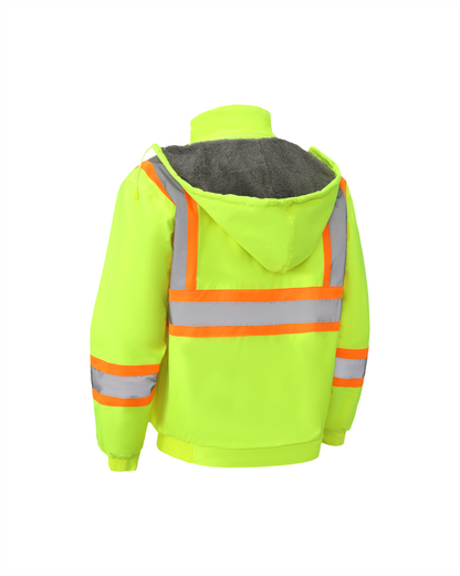 Kiwi High Visibility Hooded & Sherpa Lined ANSI/ISEA 107-2020, Type R, Class 3 Contrast Trimmed Water Resistant Neon Safety Jacket [R71100]