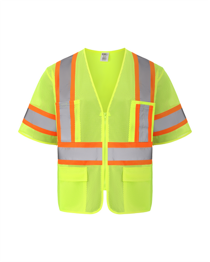 Kiwi High Visibility ANSI/ISEA 107-2020, Type R, Class 3 Contrast Trimmed Neon Short Sleeve Safety Vest [R72100]